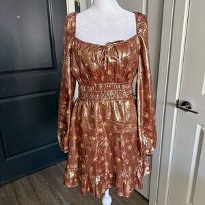 Paige Bronze Metallic Silk Peasant Style Floral Mini Dress M